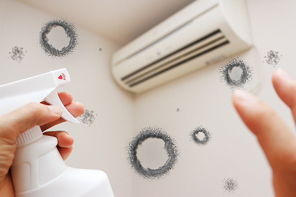 エアコン清掃と空気環境改善をイメージした写真。9月は夏の間に蓄積した湿気やカビ、生活臭などの空気トラブルをリセットし、換気や空気清浄によって快適な秋の室内環境を整えることの重要性を表現している。