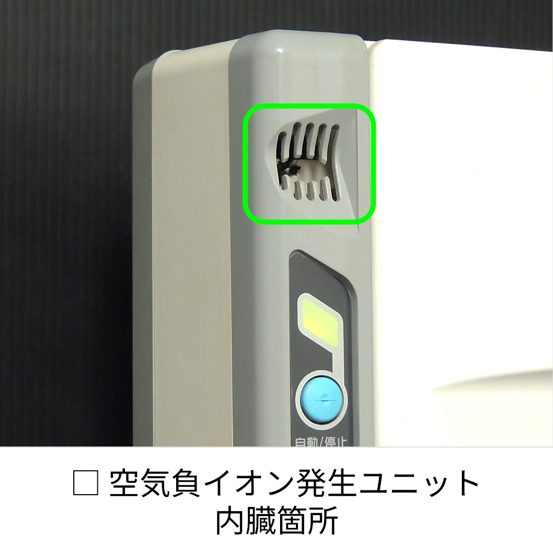 空気負イオン放出口が緑の枠で囲ってある。この奥に空気負イオン発生ユニットがあり、多くの空気負イオンを空気中に放出する機能がある事を説明している。